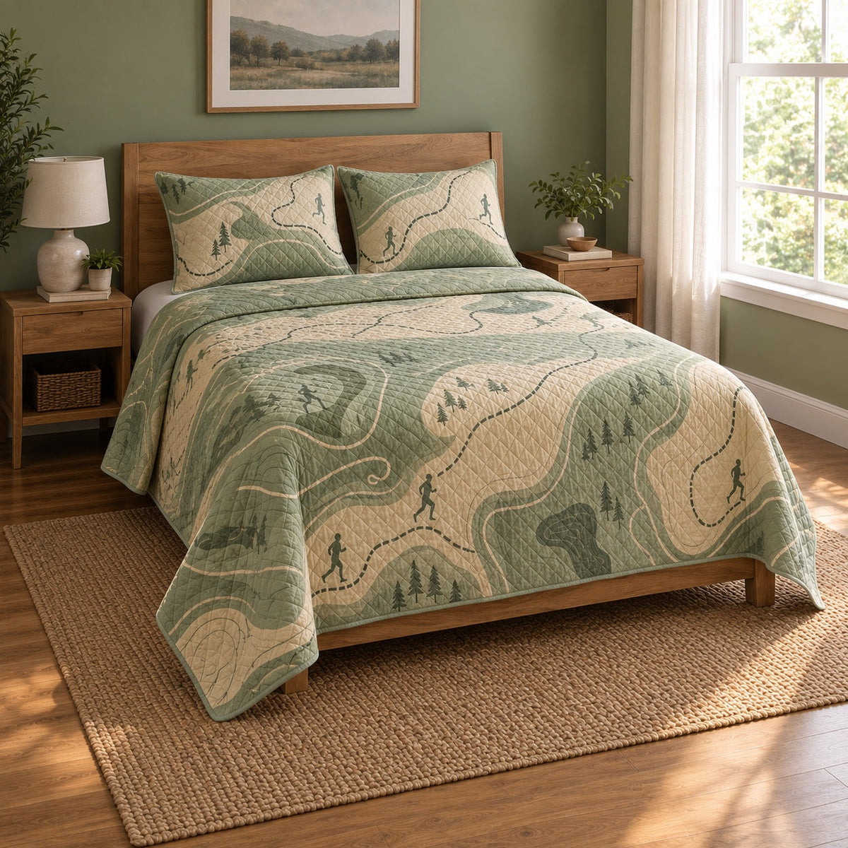 Route Study Marathon Running Quilt Set, angled marathon running bedroom view