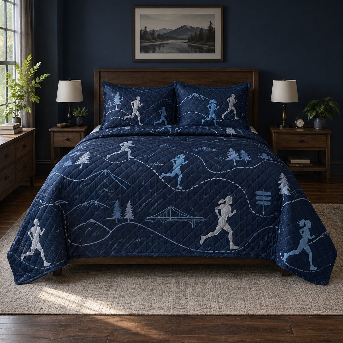 Midnight Run Marathon Running Quilt Set, front marathon running bedroom view
