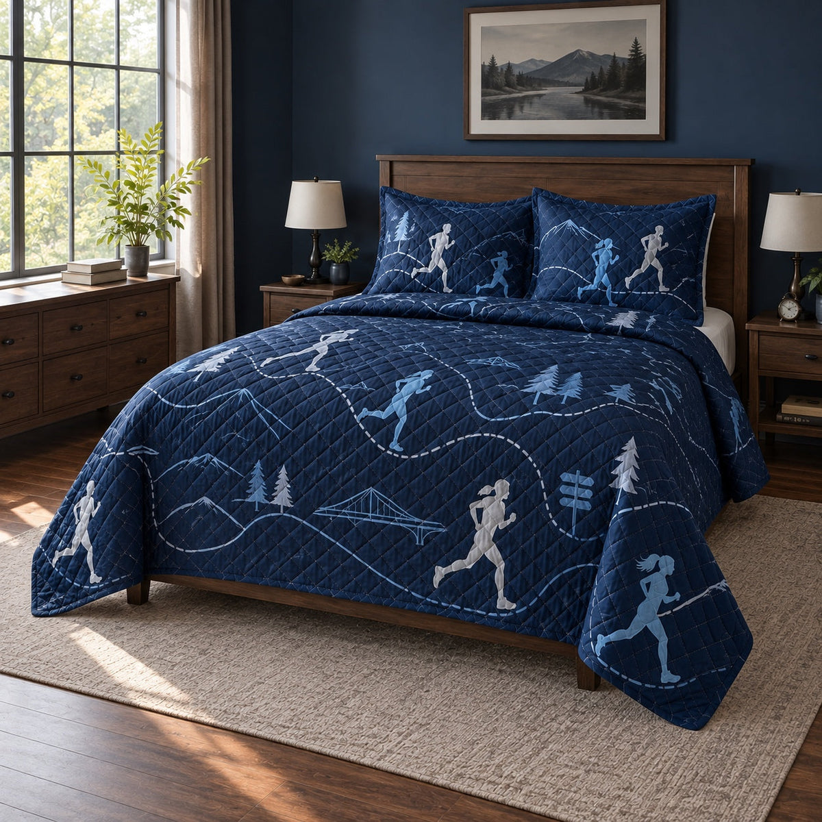 Midnight Run Marathon Running Quilt Set, angled marathon running bedroom view