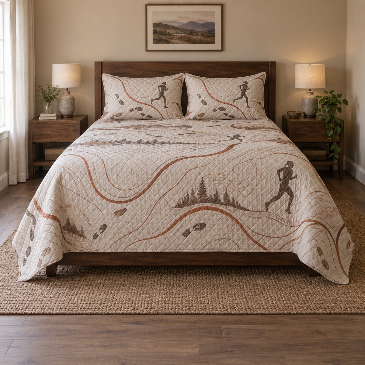 Copper Pace Marathon Running Quilt Set, front marathon running bedroom view