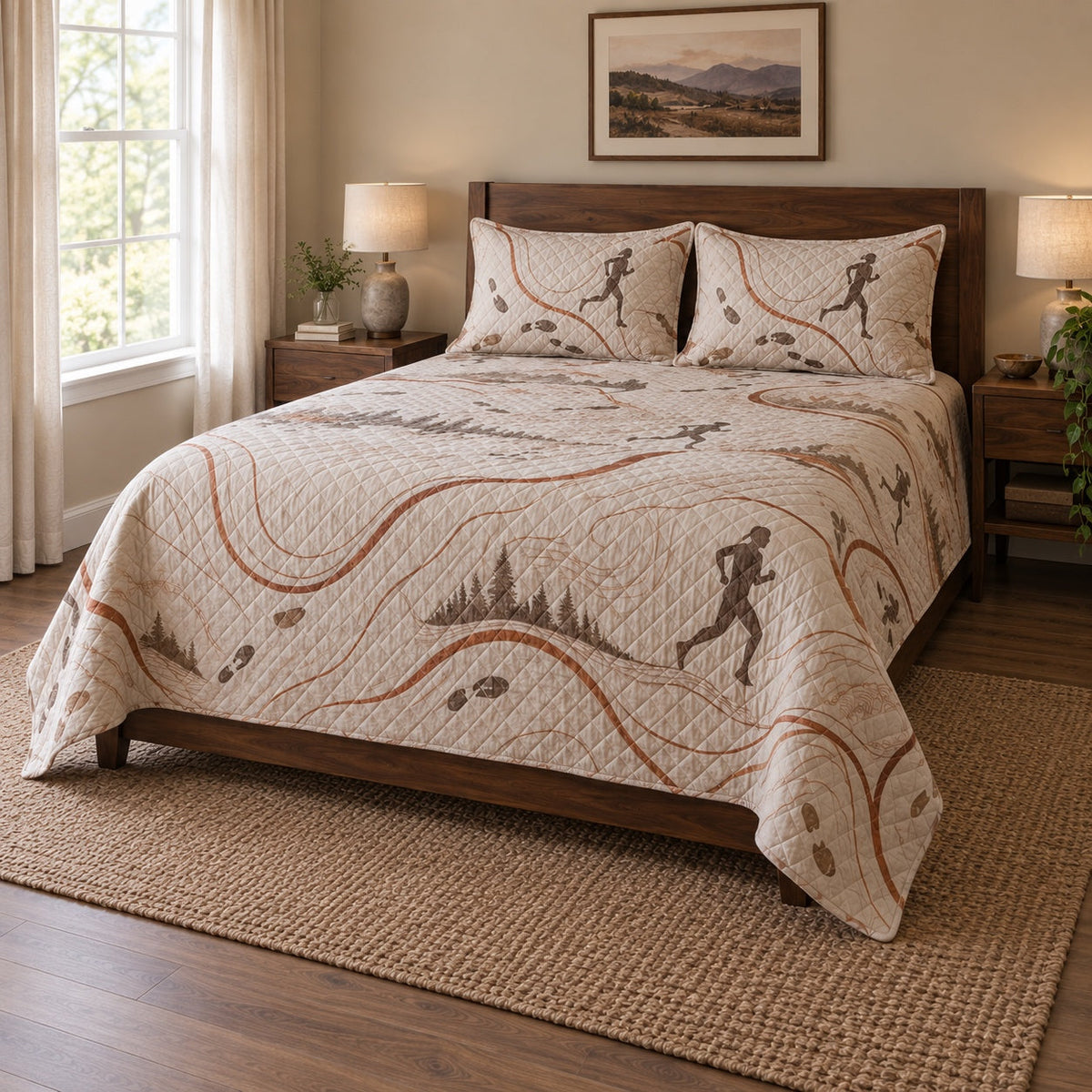 Copper Pace Marathon Running Quilt Set, angled marathon running bedroom view