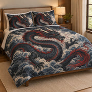 Asian Black Dragon Wave Quilt Set: angled bedroom view showing the quilt artwork and coordinating shams