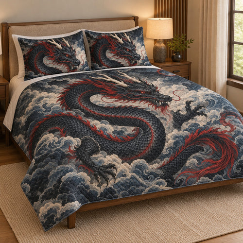 Asian Black Dragon Wave Quilt Set: angled bedroom view showing the quilt artwork and coordinating shams