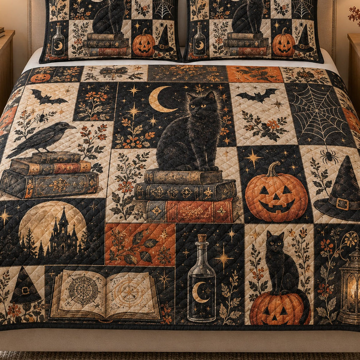Close view of the Vintage-inspired Halloween Black Cat Patchwork quilt artwork and two matching shams