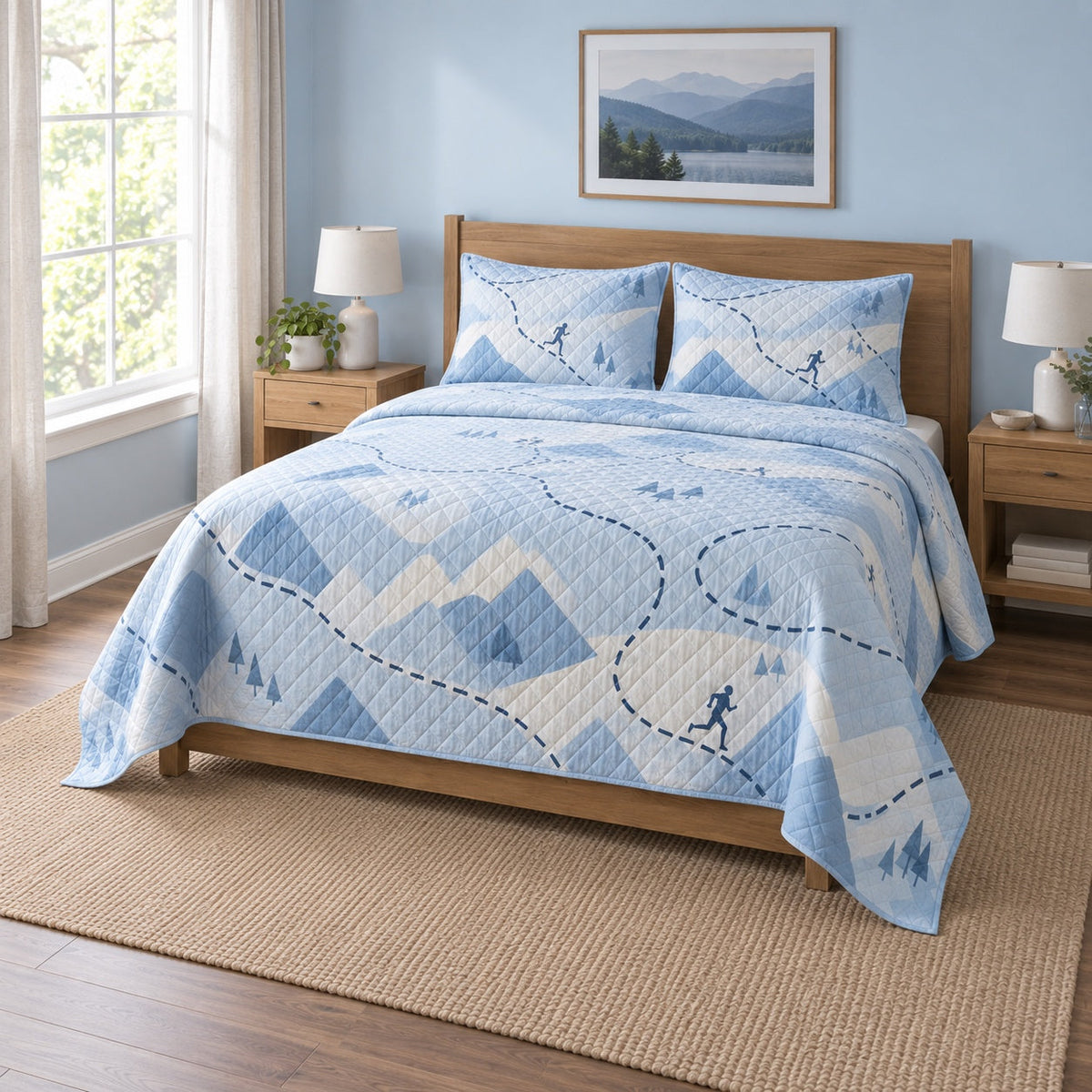 Blue Endurance Marathon Running Quilt Set, angled marathon running bedroom view