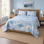 Blue Endurance Marathon Running Quilt Set, angled marathon running bedroom view