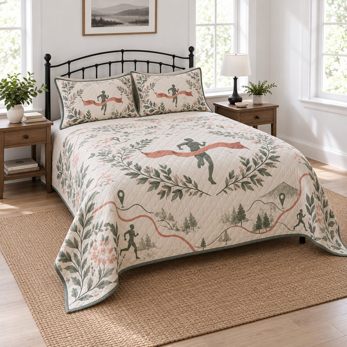 Trail Ribbon Marathon Running Quilt Set, angled marathon running bedroom view