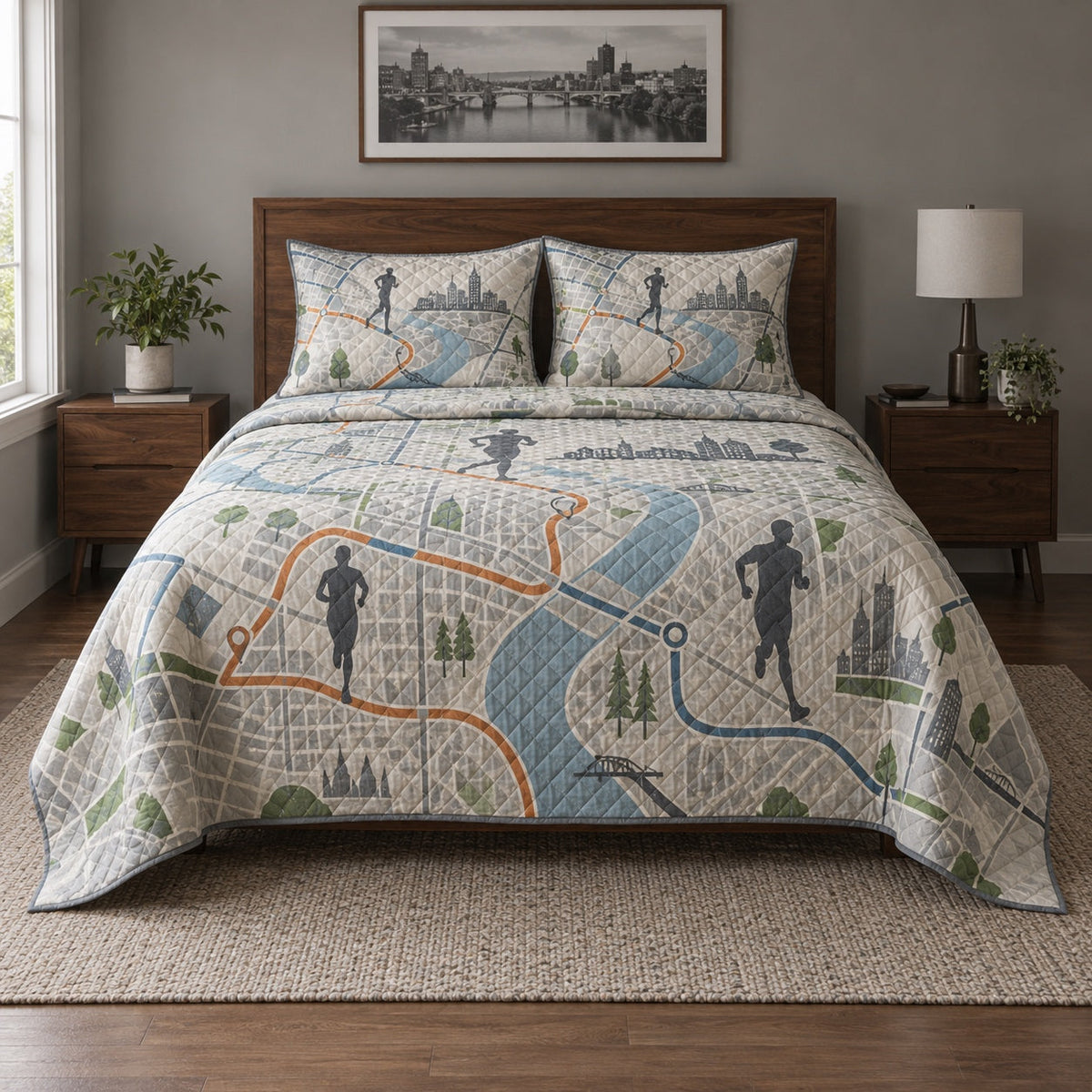 City Miles Marathon Running Quilt Set, front marathon running bedroom view