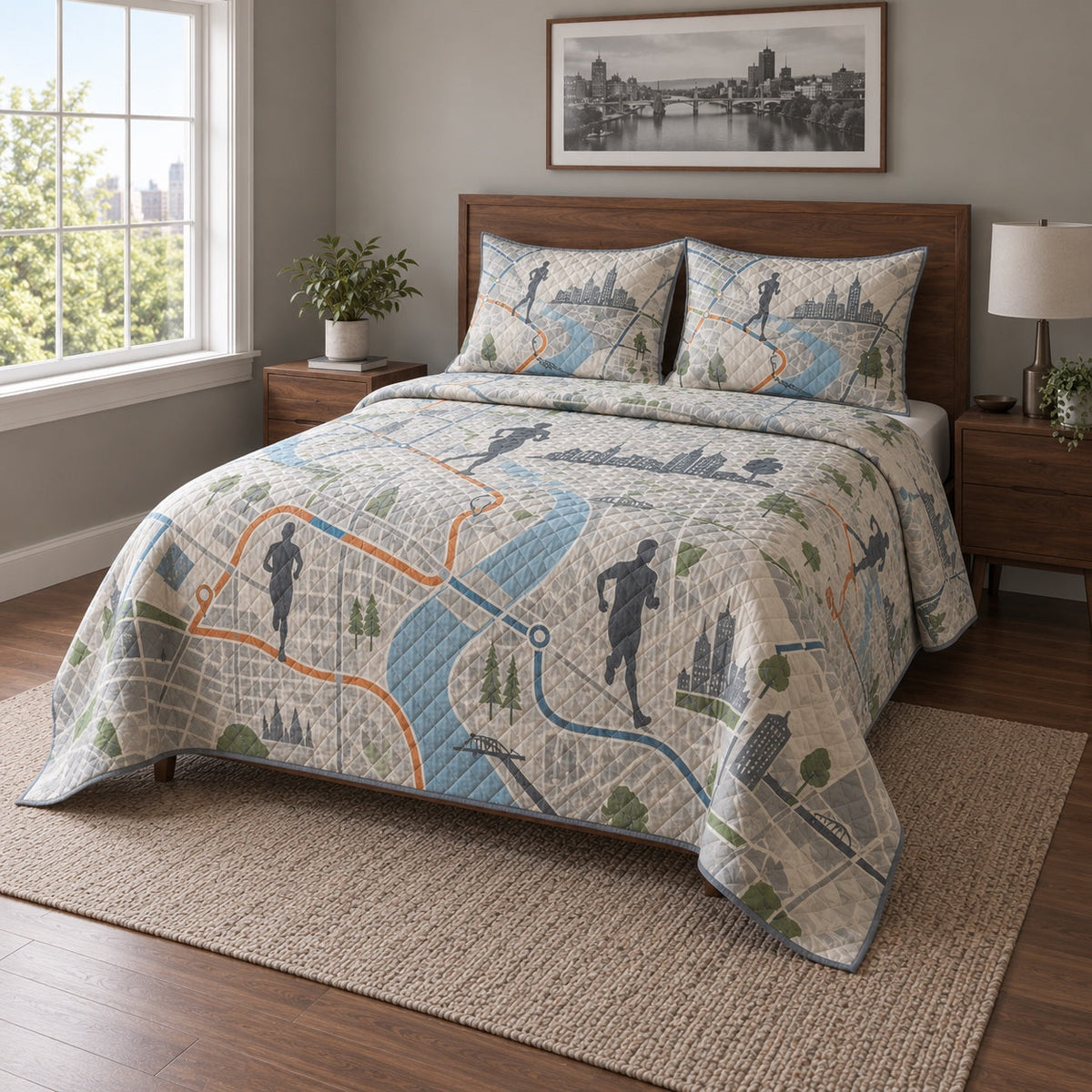 City Miles Marathon Running Quilt Set, angled marathon running bedroom view