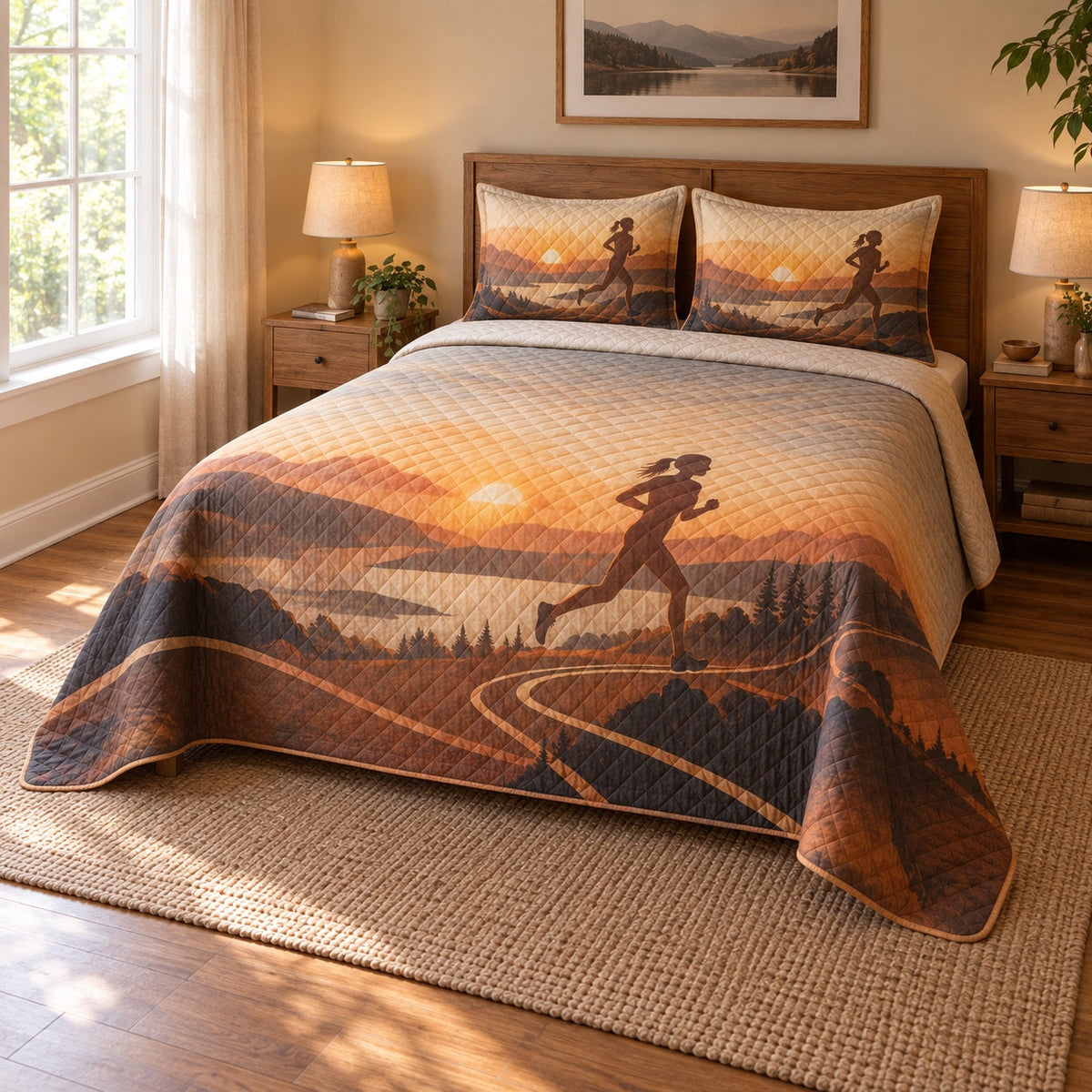 Sunrise Pace Marathon Running Quilt Set, angled marathon running bedroom view