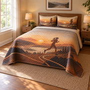 Sunrise Pace Marathon Running Quilt Set, angled marathon running bedroom view