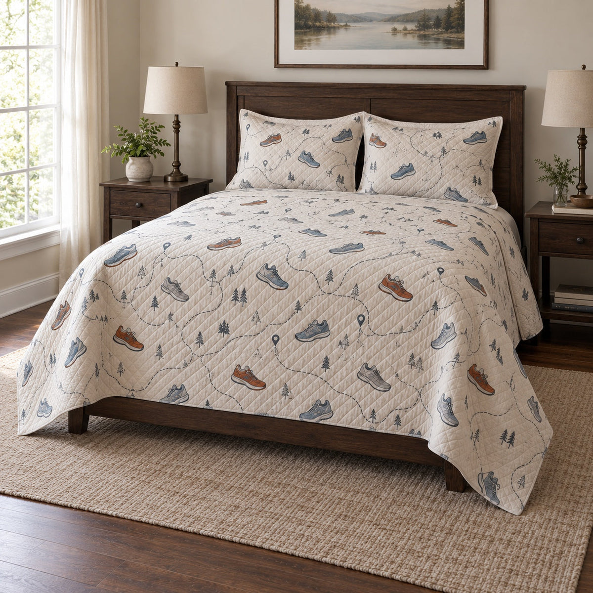 Quiet Distance Marathon Running Quilt Set, angled marathon running bedroom view