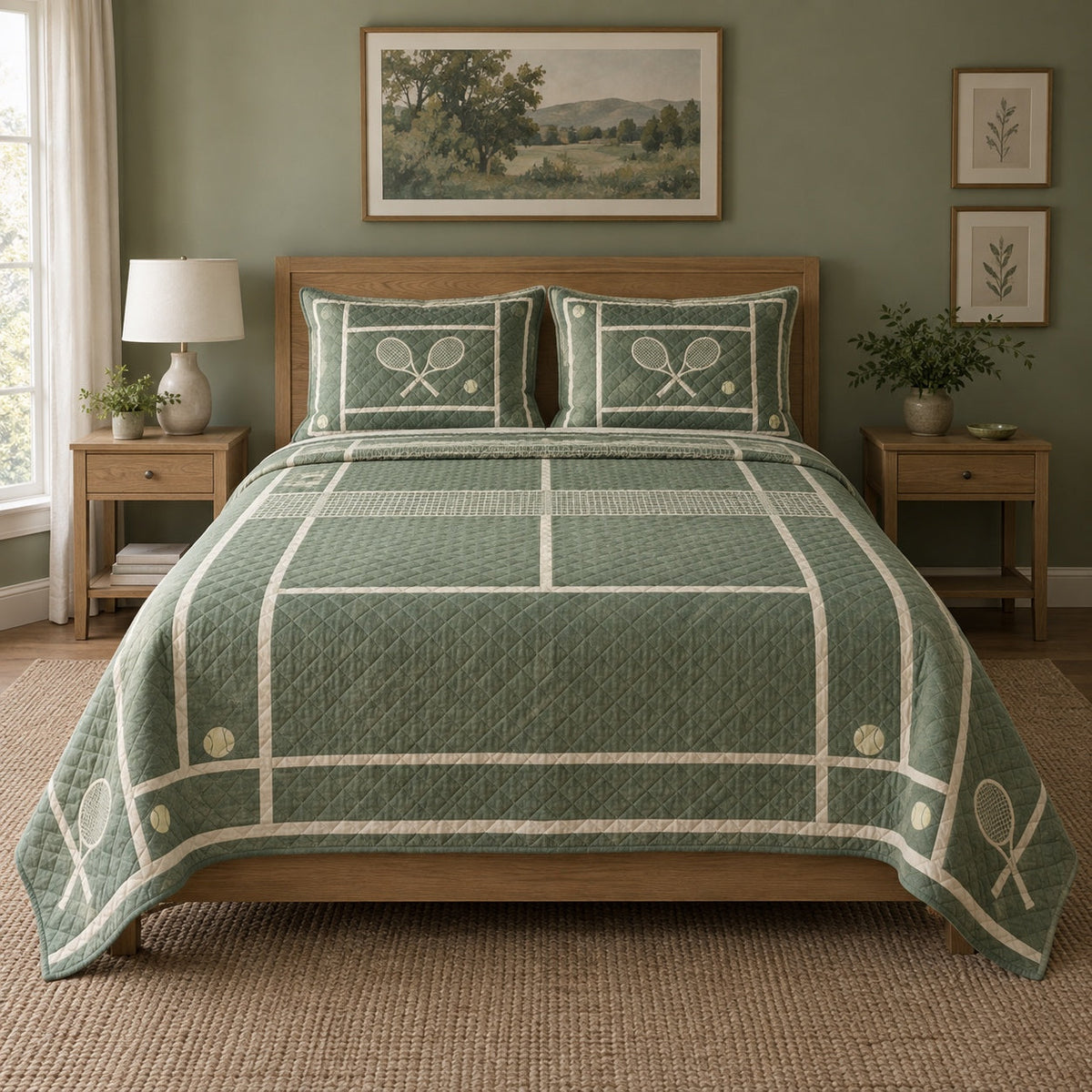 Court Lines Tennis Quilt Set, front tennis bedroom view