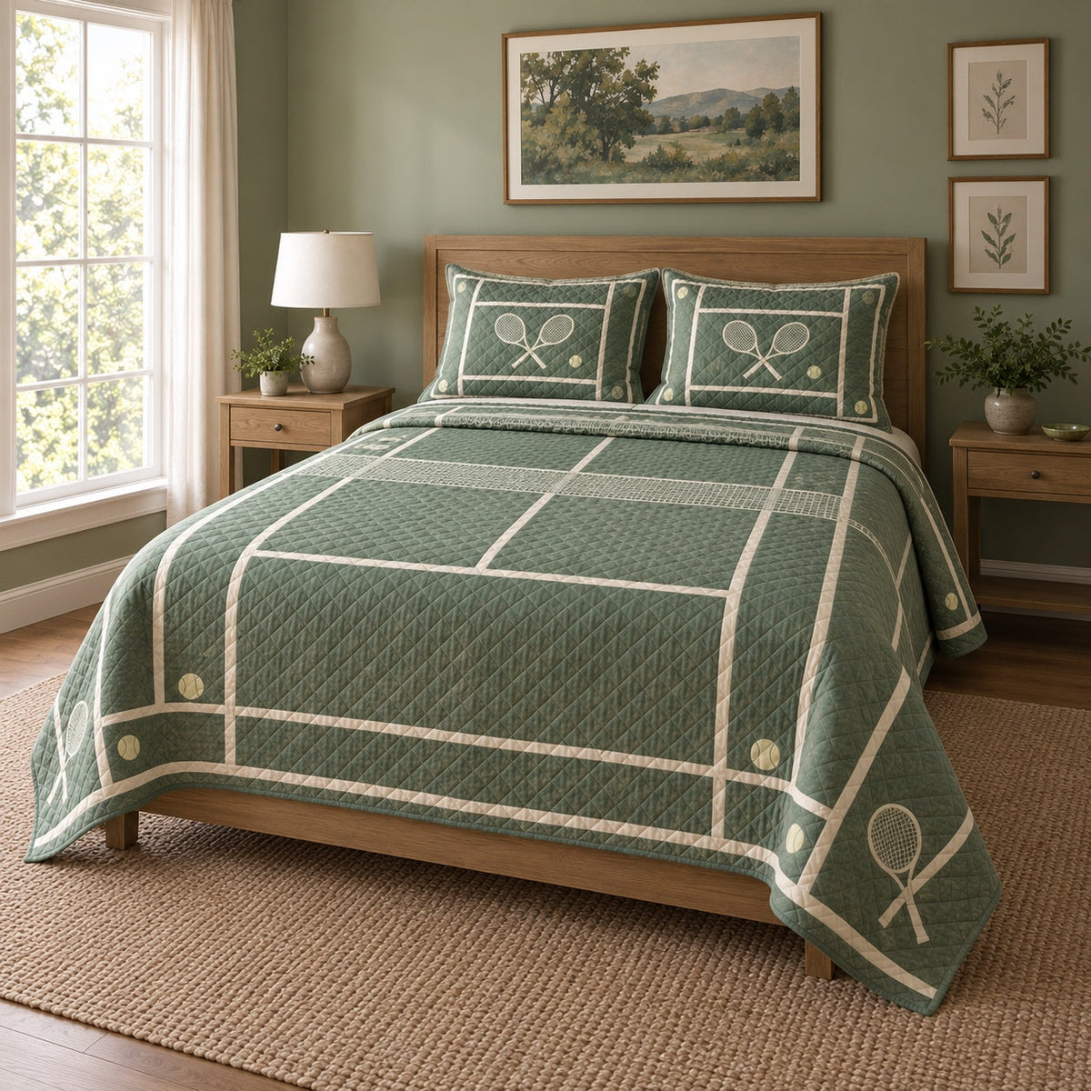 Court Lines Tennis Quilt Set, angled tennis bedroom view