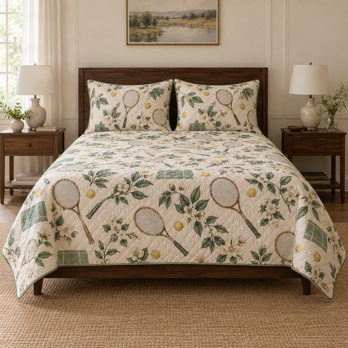 Racket Garden Tennis Quilt Set, front tennis bedroom view