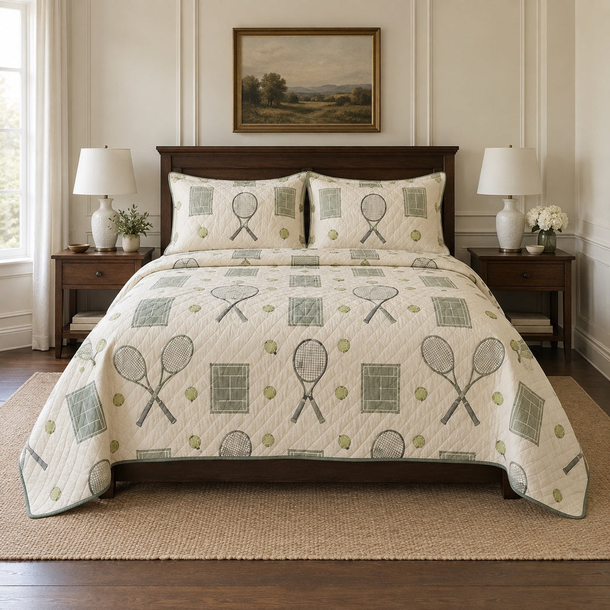 Classic Rally Tennis Quilt Set, front tennis bedroom view