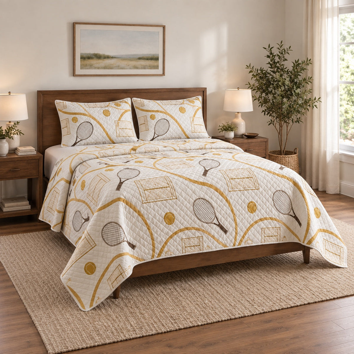 Golden Serve Tennis Quilt Set, angled tennis bedroom view