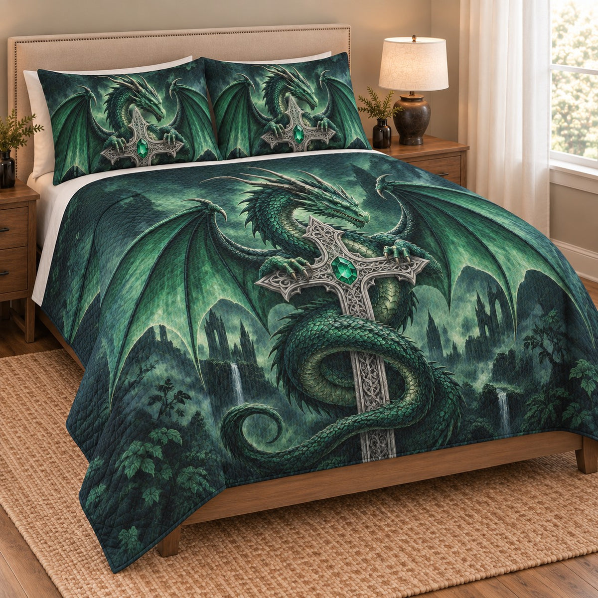 Emerald Dragon Sword Fantasy Quilt Set: angled bedroom view showing the quilt artwork and coordinating shams