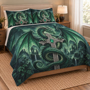 Emerald Dragon Sword Fantasy Quilt Set: angled bedroom view showing the quilt artwork and coordinating shams