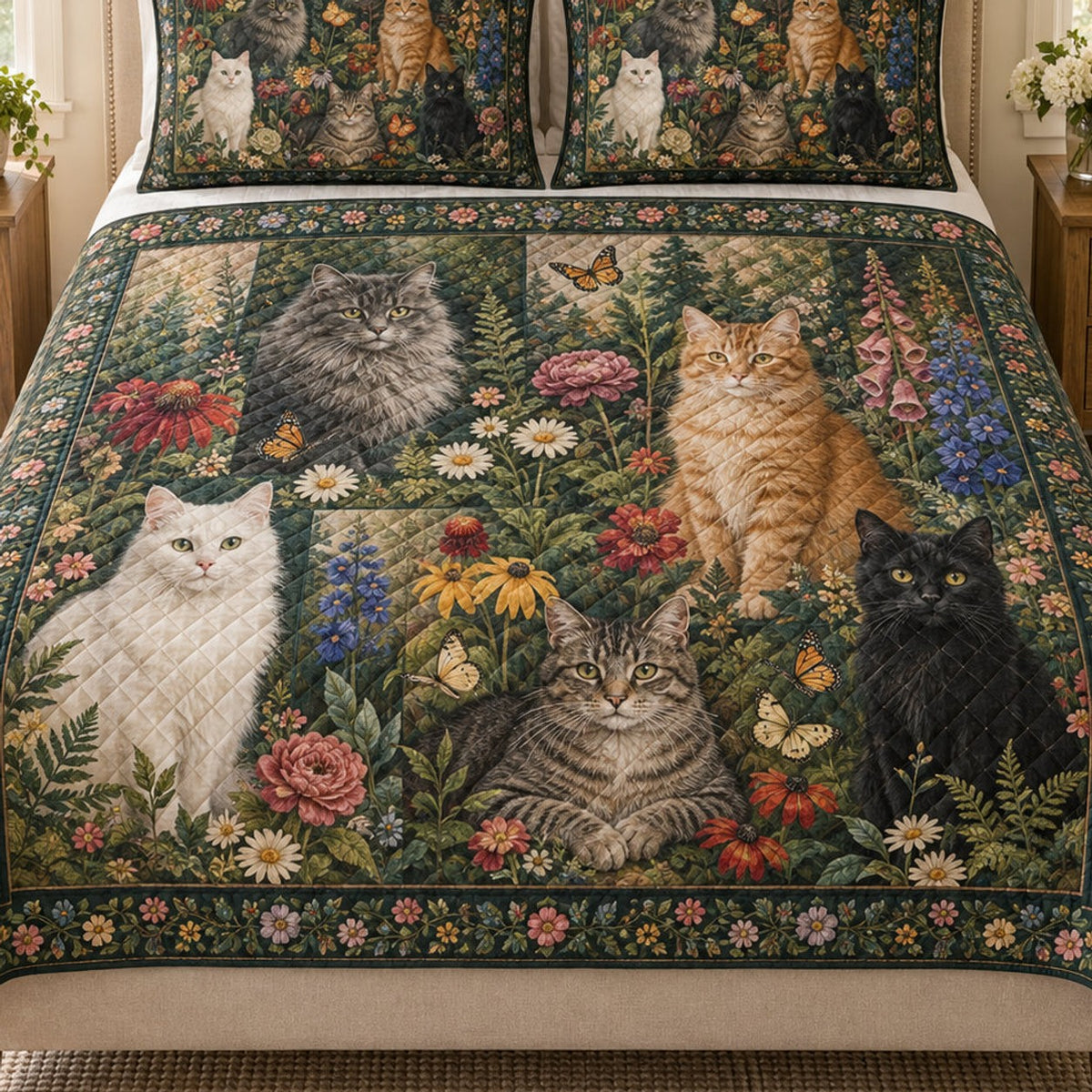 Close view of the Vintage Black Cat Floral Garden quilt artwork and two matching shams