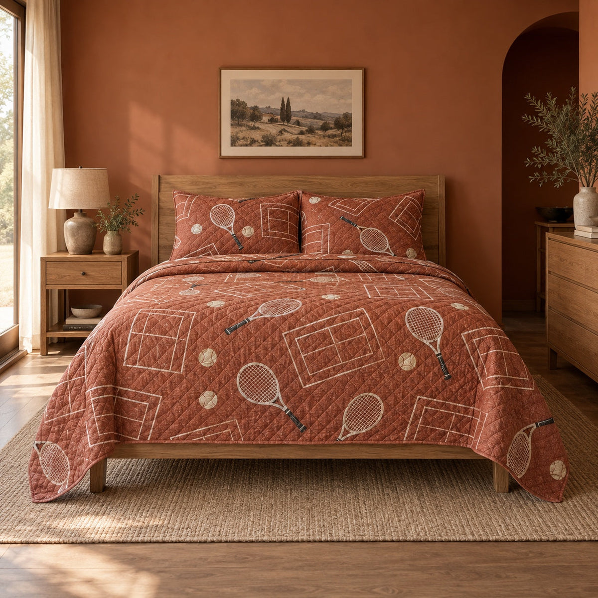 Terracotta Tennis Tennis Quilt Set, front tennis bedroom view