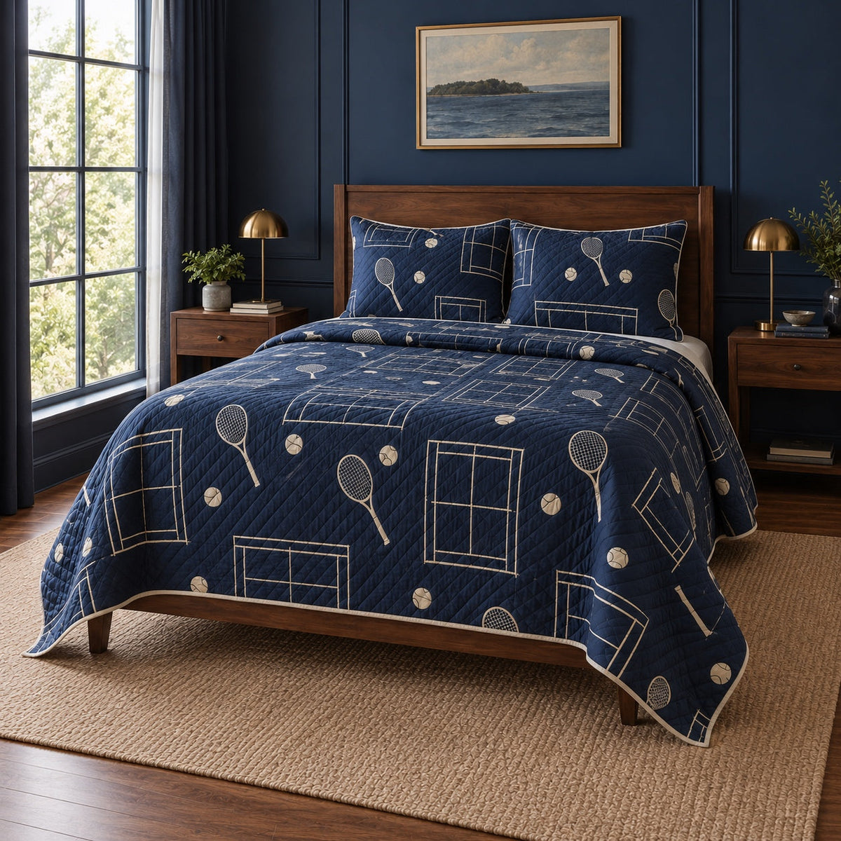 Midnight Match Tennis Quilt Set, angled tennis bedroom view