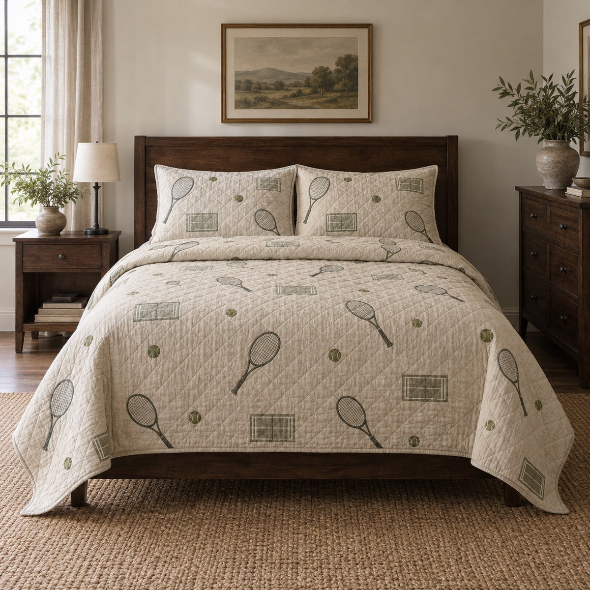 Quiet Rally Tennis Quilt Set, front tennis bedroom view