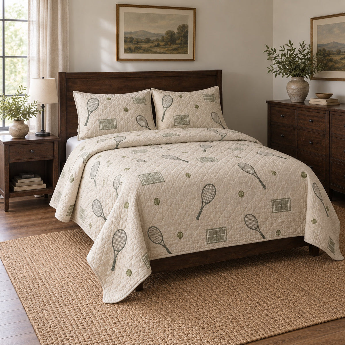 Quiet Rally Tennis Quilt Set, angled tennis bedroom view