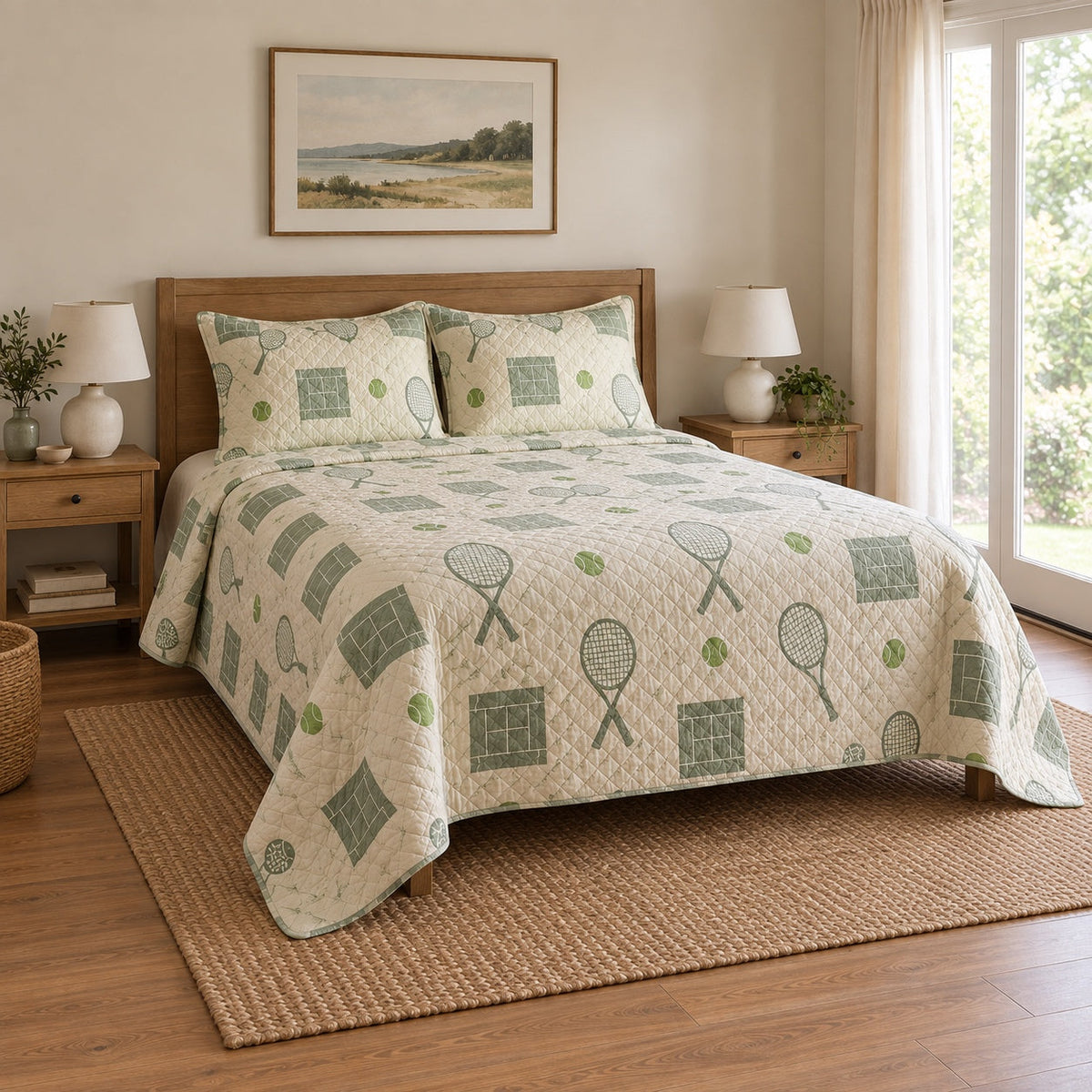 Sage Serve Tennis Quilt Set, angled tennis bedroom view