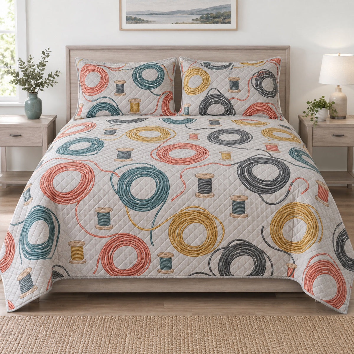 Wire Spool Electrician Quilt Set, front electrician bedroom view