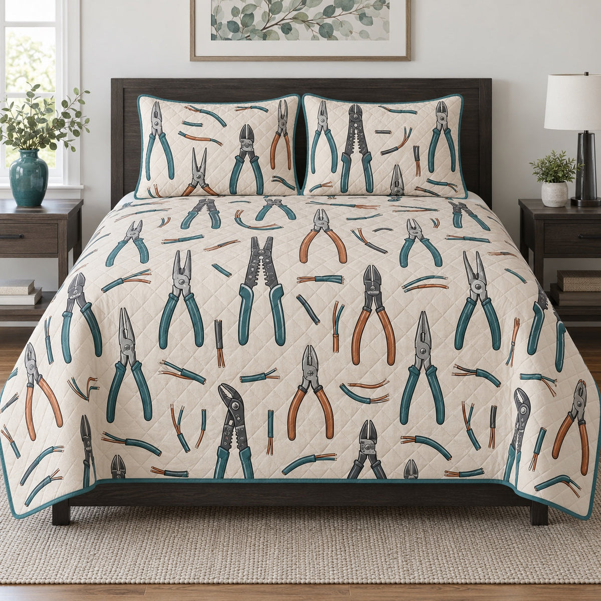 Pliers Study Electrician Quilt Set, front electrician bedroom view