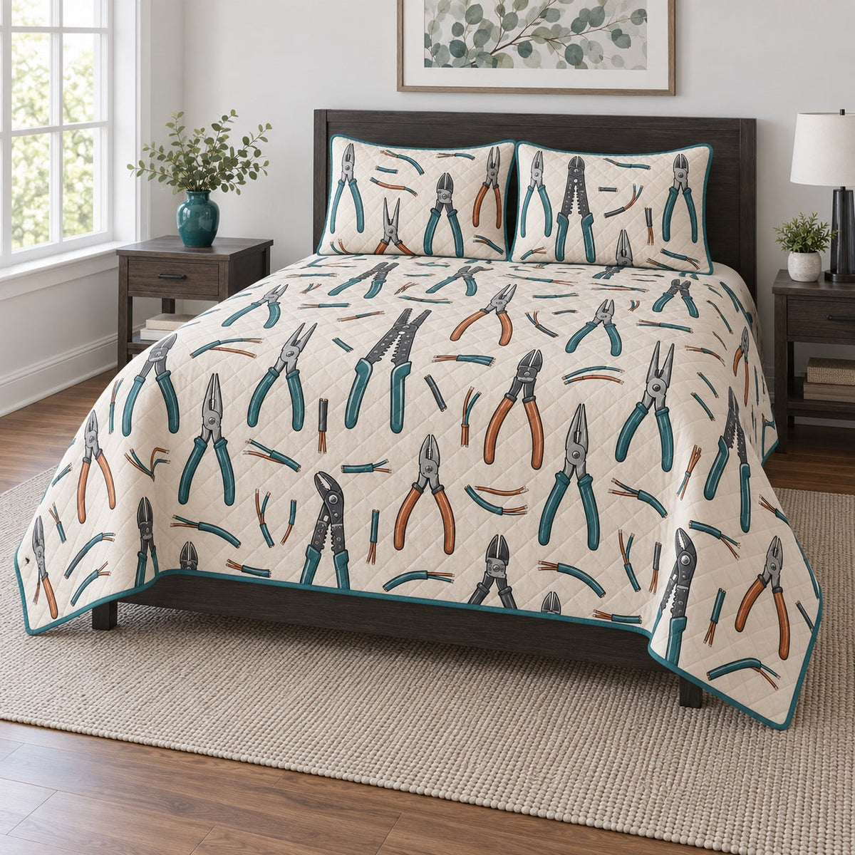 Pliers Study Electrician Quilt Set, angled electrician bedroom view