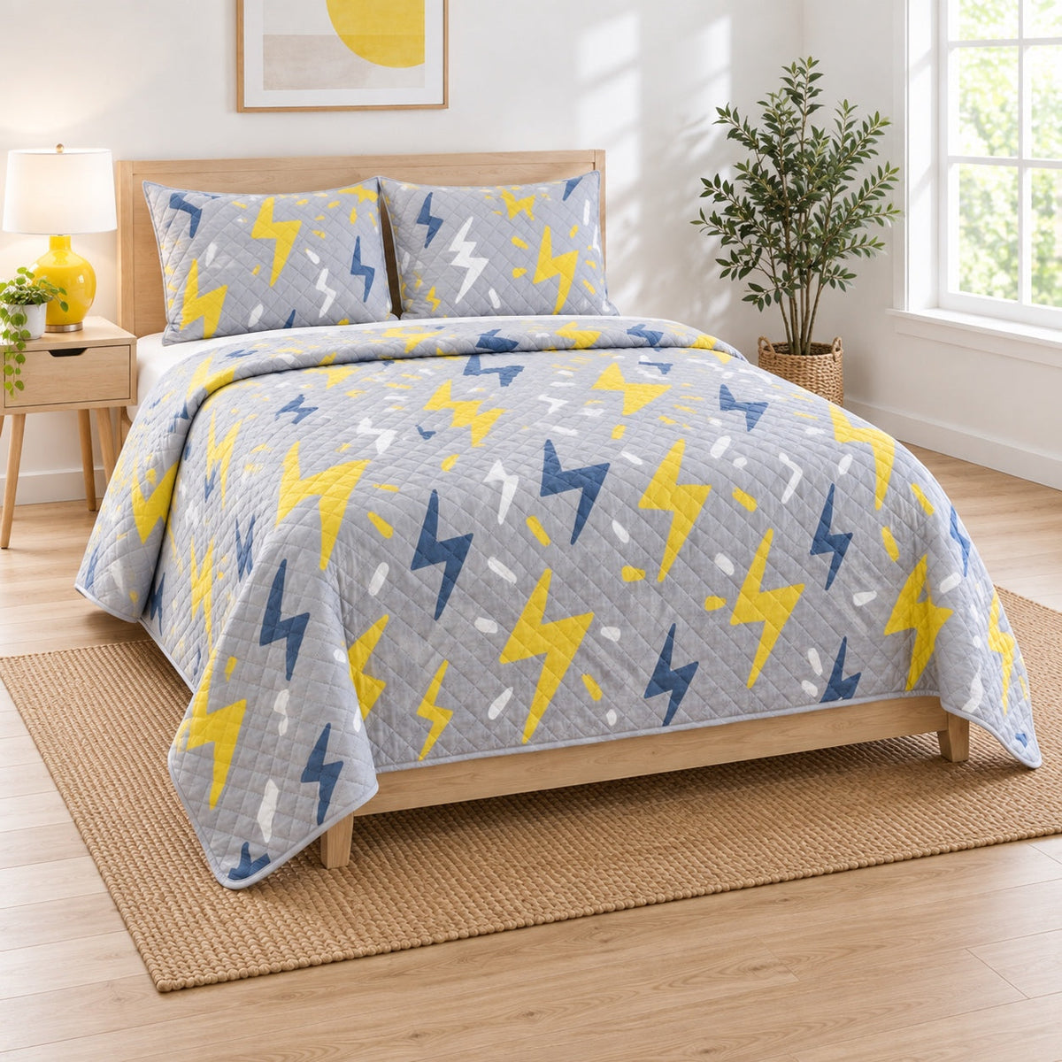 Spark Line Electrician Quilt Set, angled electrician bedroom view
