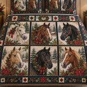 Close view of the Christmas Horse Floral Holiday quilt artwork and two matching shams