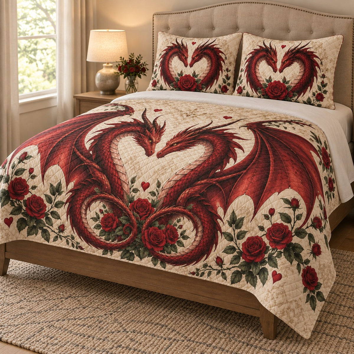 Red Dragon Rose Love Quilt Set: angled bedroom view showing the quilt artwork and coordinating shams