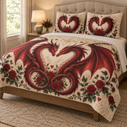 Red Dragon Rose Love Quilt Set: angled bedroom view showing the quilt artwork and coordinating shams