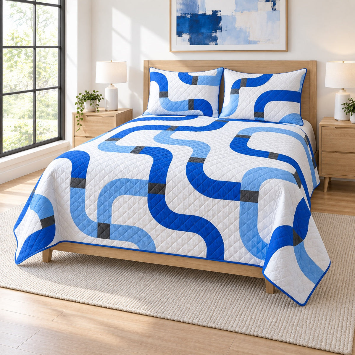 Conduit Blue Electrician Quilt Set, angled electrician bedroom view