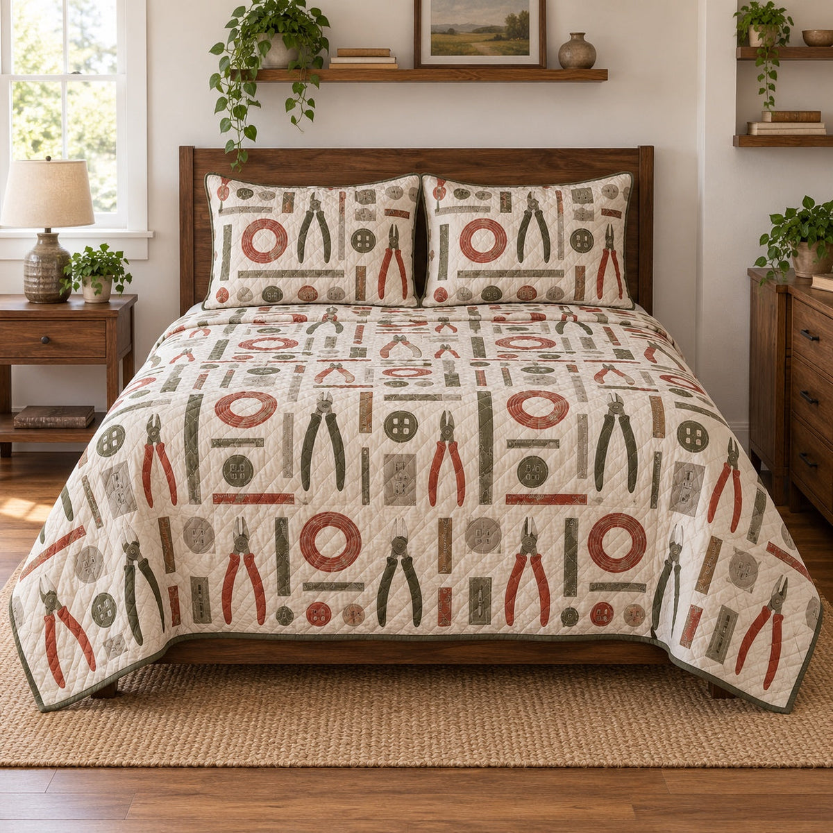 Workbench Grid Electrician Quilt Set, front electrician bedroom view