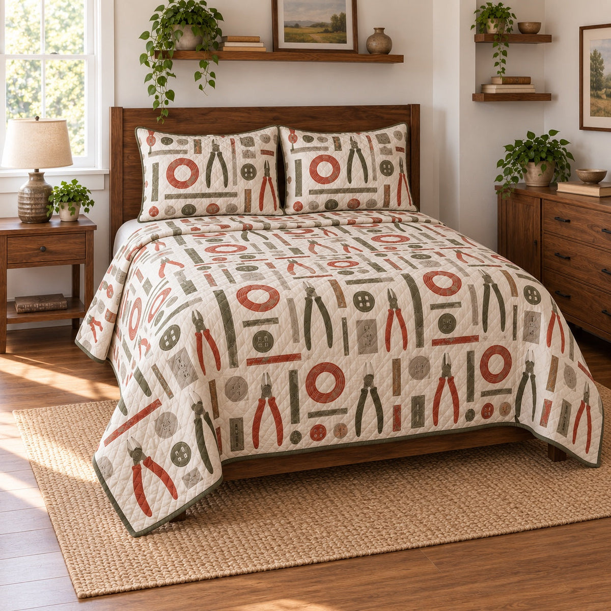 Workbench Grid Electrician Quilt Set, angled electrician bedroom view