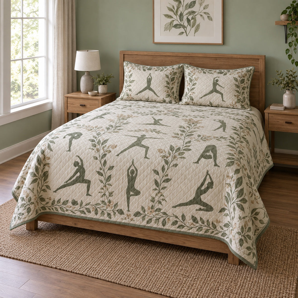 Sage Flow Yoga Quilt Set, angled yoga bedroom view