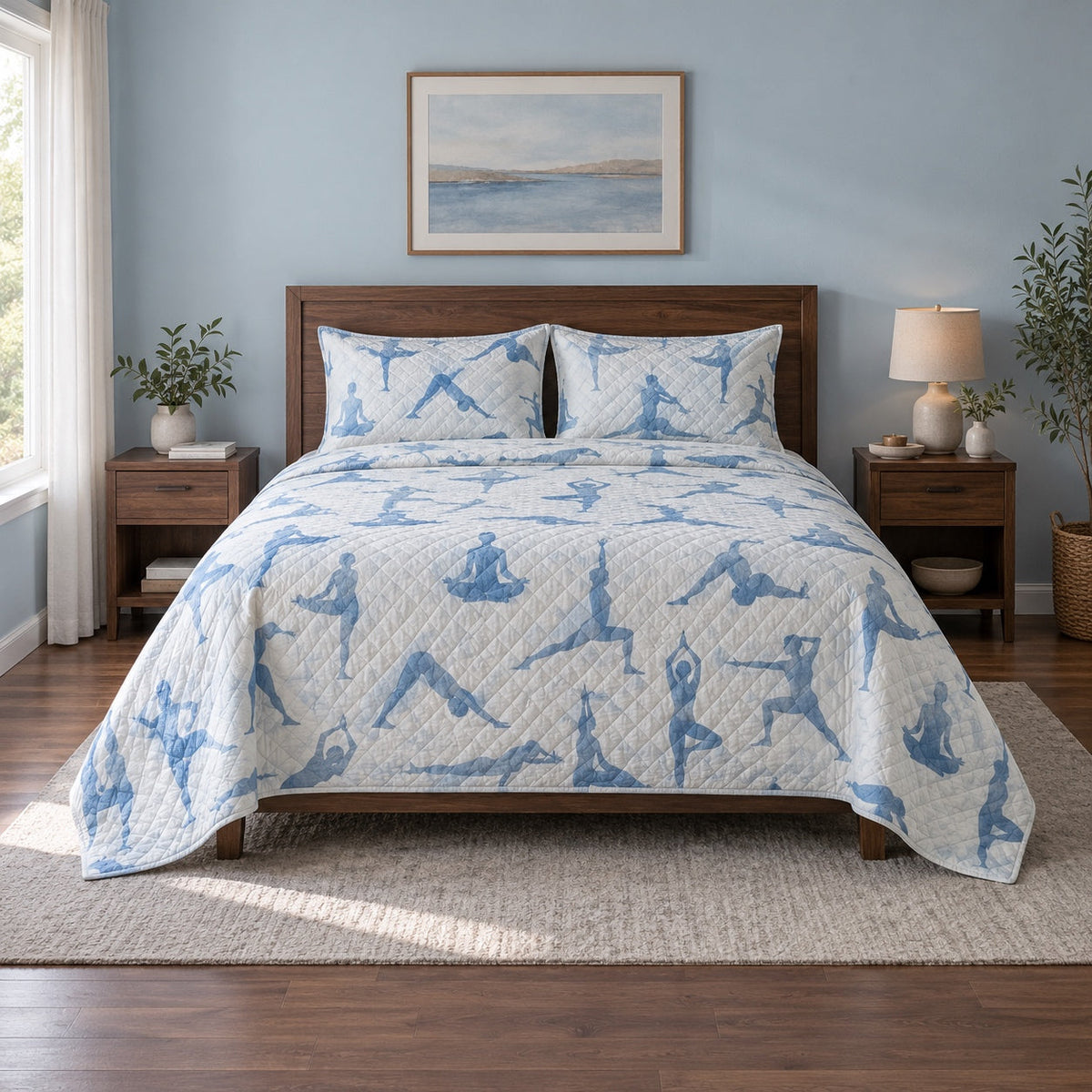 Blue Stillness Yoga Quilt Set, front yoga bedroom view
