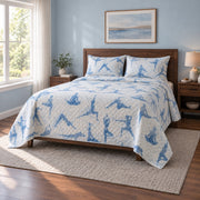 Blue Stillness Yoga Quilt Set, angled yoga bedroom view