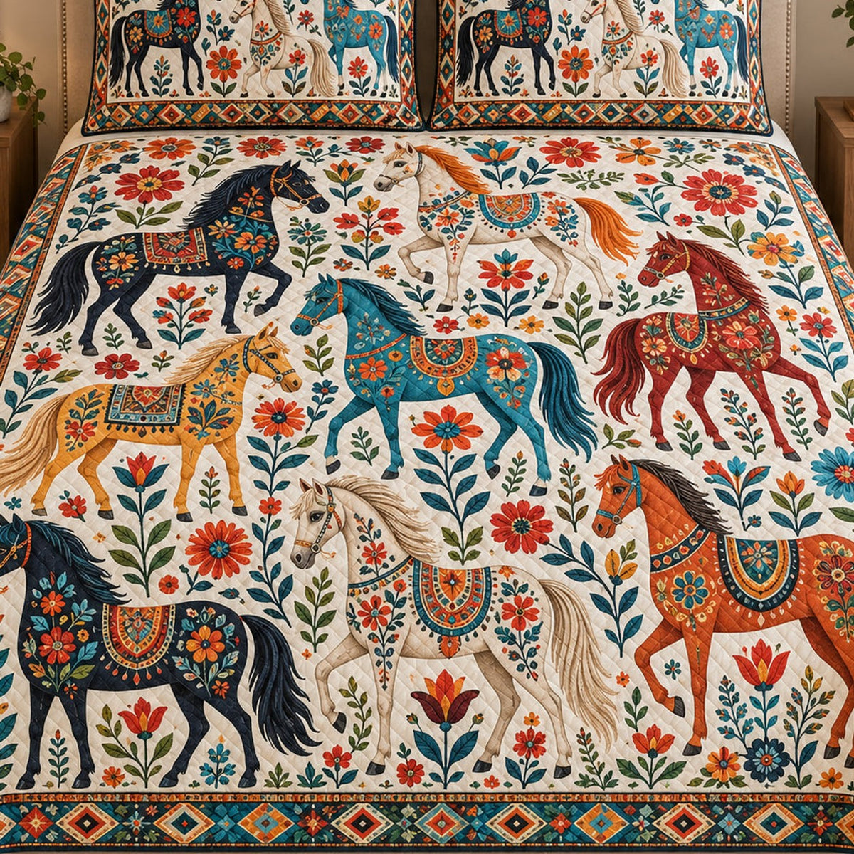 Close view of the Folk Art Horses & Wildflowers quilt artwork and two matching shams