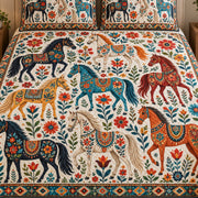 Close view of the Folk Art Horses & Wildflowers quilt artwork and two matching shams