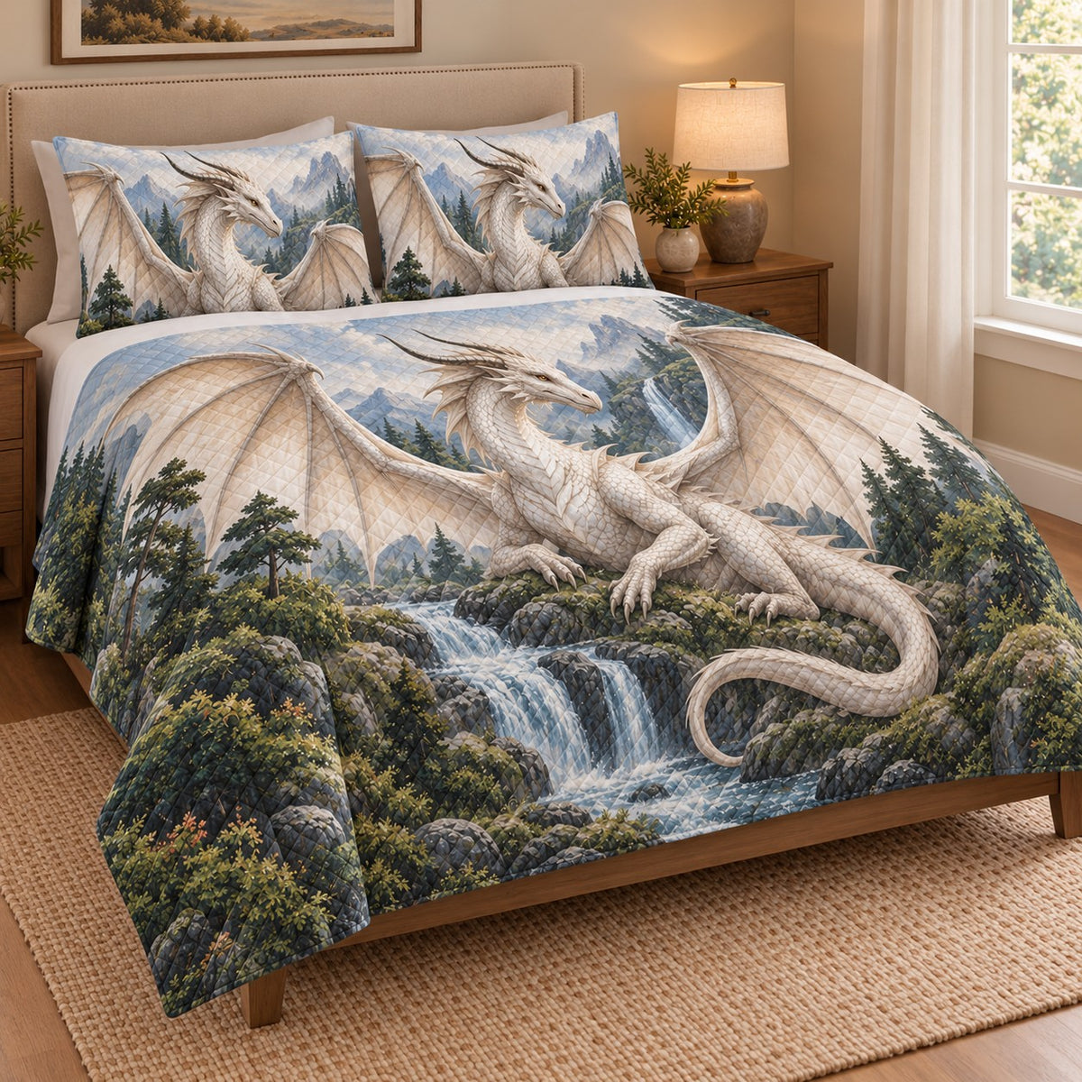White Dragon Mountain Waterfall Quilt Set: angled bedroom view showing the quilt artwork and coordinating shams