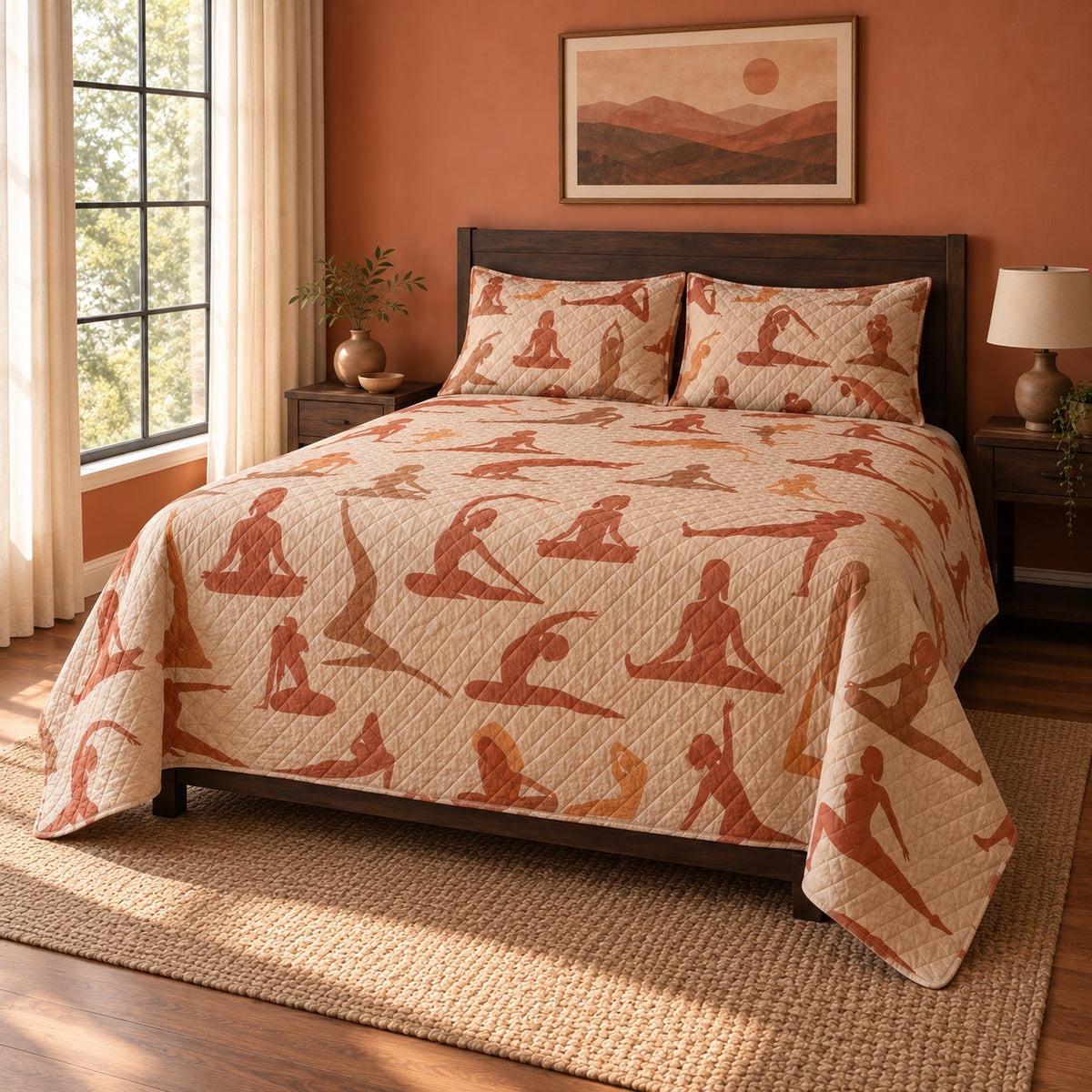 Terracotta Calm Yoga Quilt Set, angled yoga bedroom view