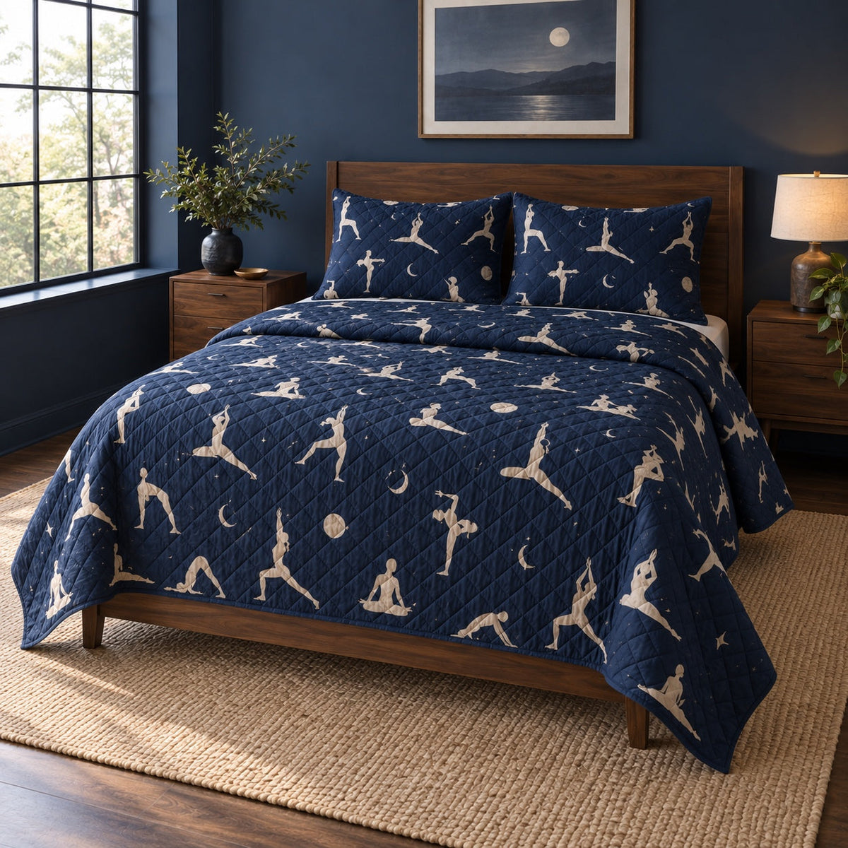 Moonlit Stretch Yoga Quilt Set, angled yoga bedroom view