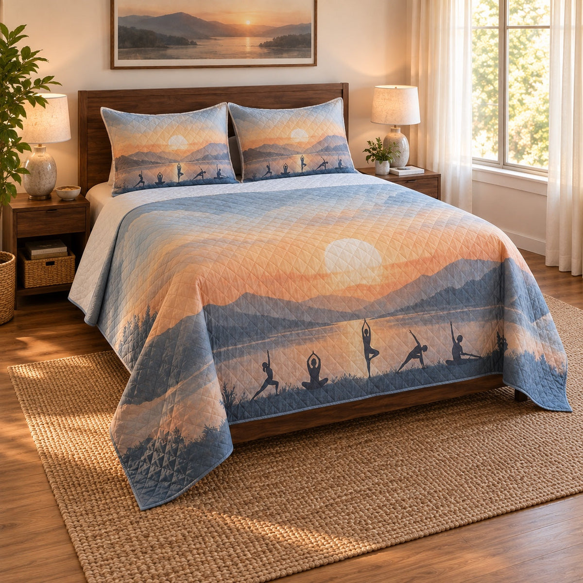 Soft Horizon Yoga Quilt Set, angled yoga bedroom view