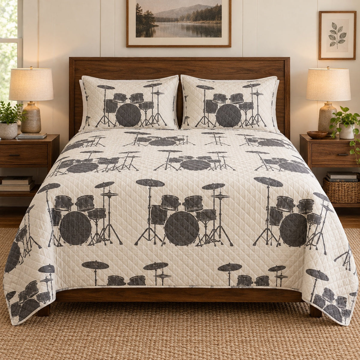 Classic Drum Kit Drums Quilt Set, front drums bedroom view