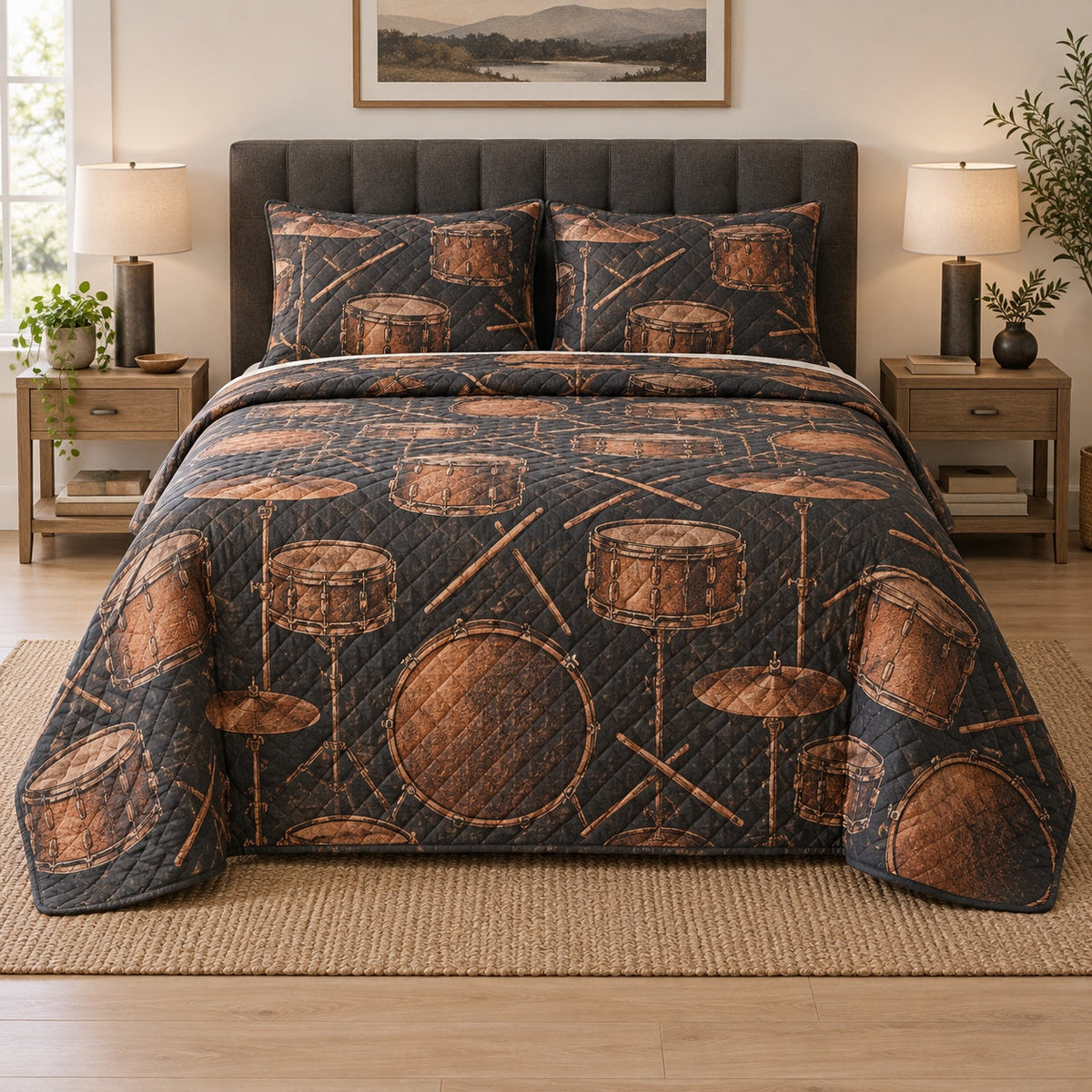 Copper Rhythm Drums Quilt Set, front drums bedroom view